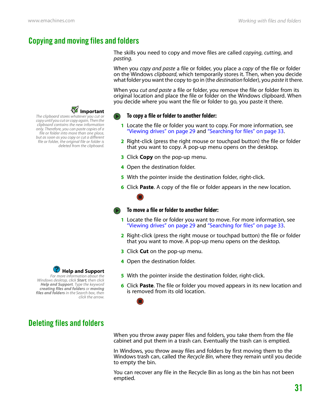 eMachines H3120 manual Copying and moving files and folders, Deleting files and folders 