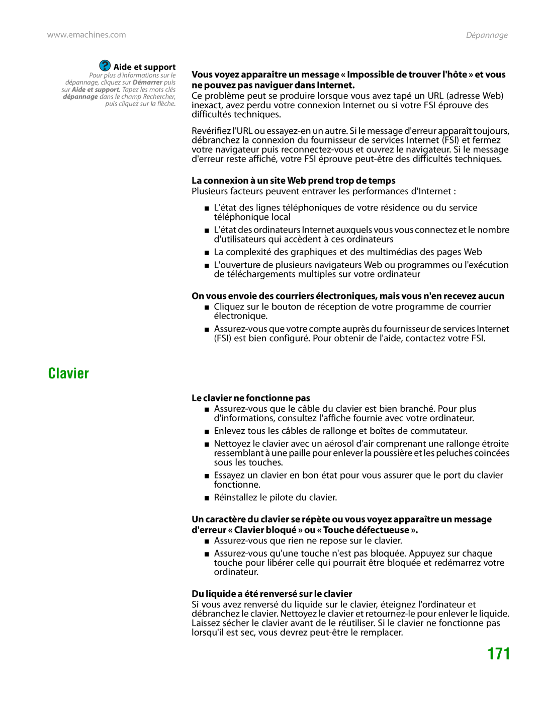 eMachines H3120 manual 171, Clavier, La connexion à un site Web prend trop de temps, Le clavier ne fonctionne pas 