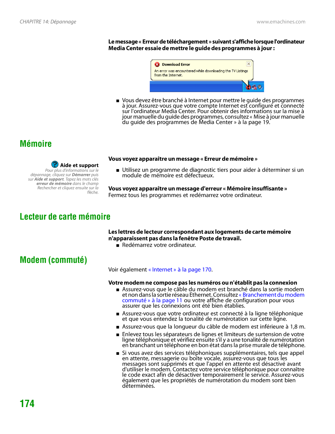 eMachines H3120 manual 174, Mémoire, Lecteur de carte mémoire, Modem commuté 