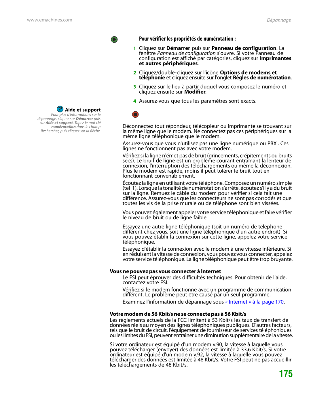 eMachines H3120 175, Pour vérifier les propriétés de numérotation, Votre modem de 56 Kbit/s ne se connecte pas à 56 Kbit/s 