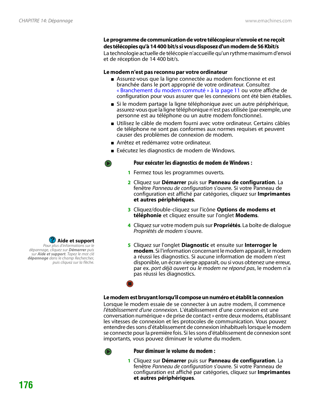 eMachines H3120 manual 176, Pour exécuter les diagnostics de modem de Windows, Pour diminuer le volume du modem 