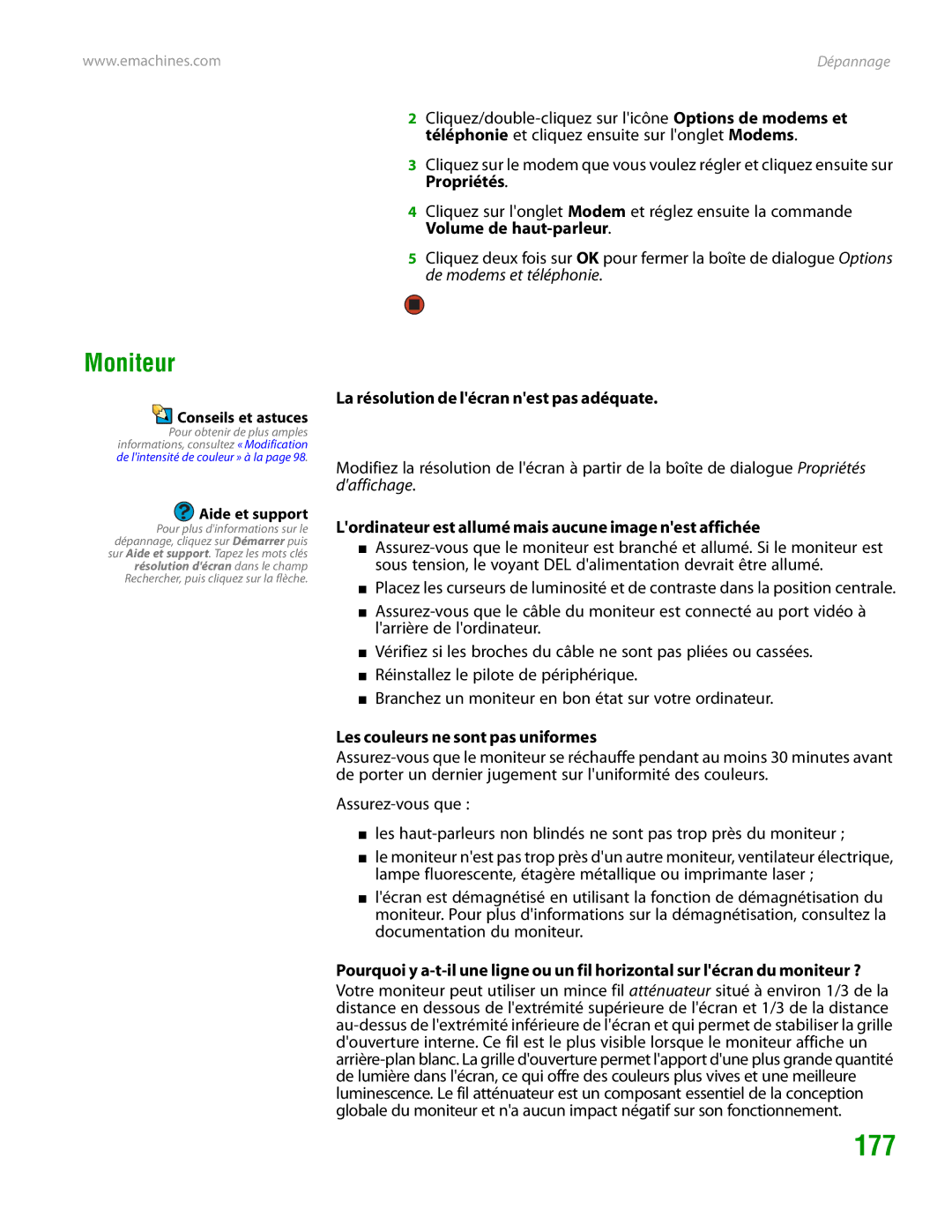 eMachines H3120 manual 177, Moniteur, La résolution de lécran nest pas adéquate, Les couleurs ne sont pas uniformes 