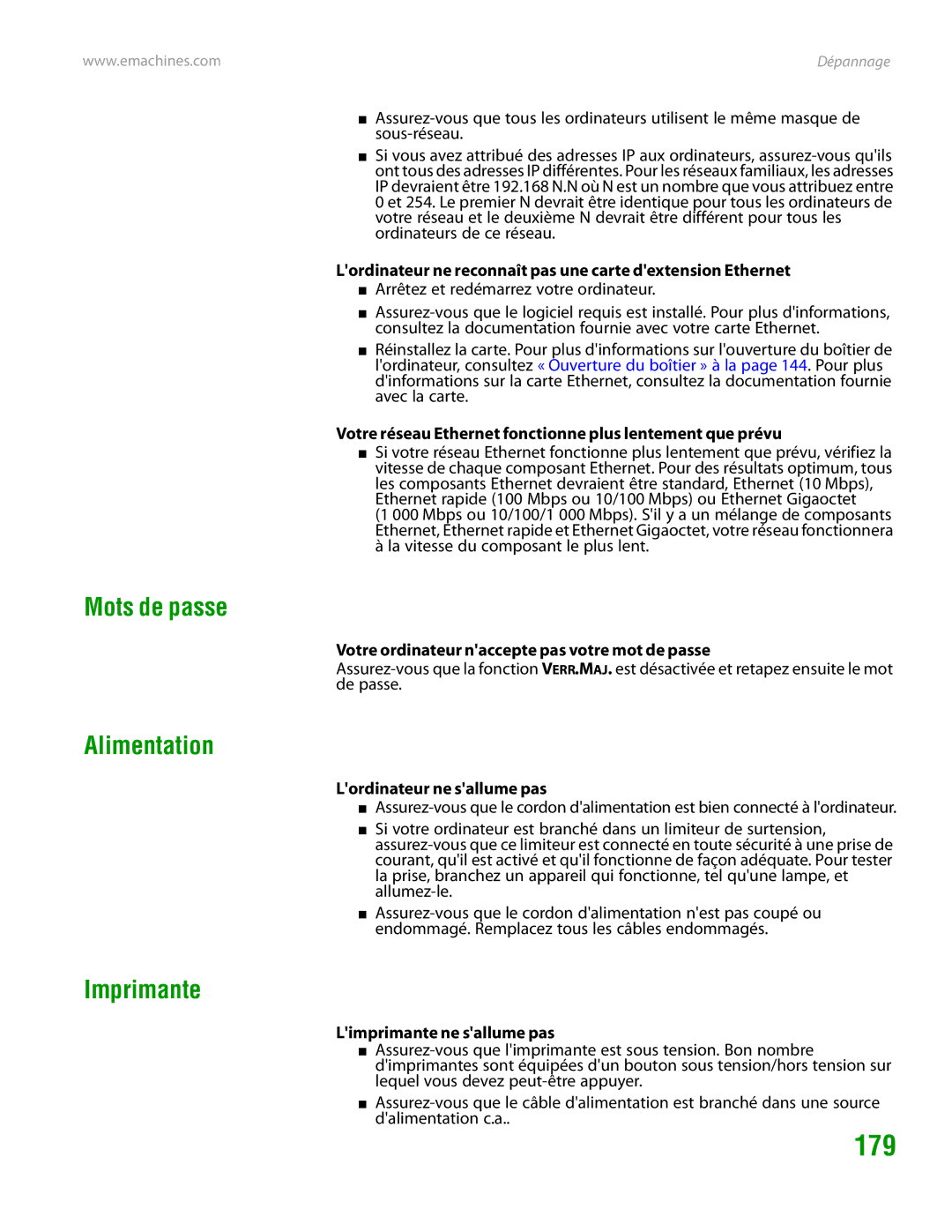 eMachines H3120 manual 179, Mots de passe Alimentation Imprimante 