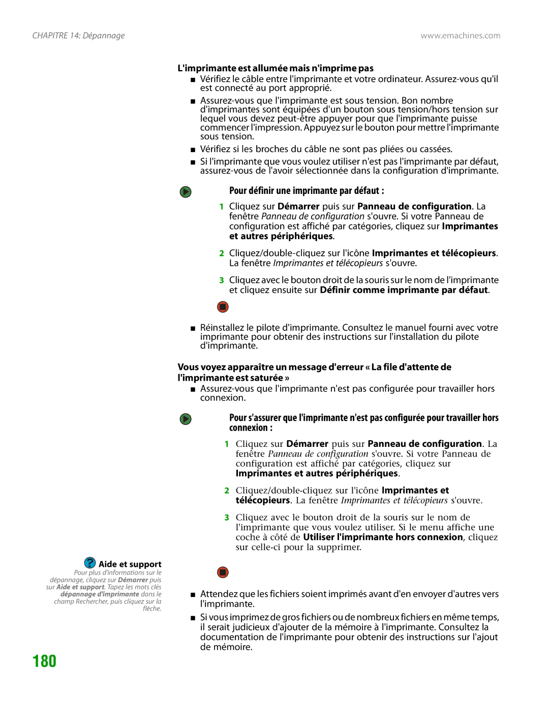 eMachines H3120 manual 180, Pour définir une imprimante par défaut, Limprimante est allumée mais nimprime pas 