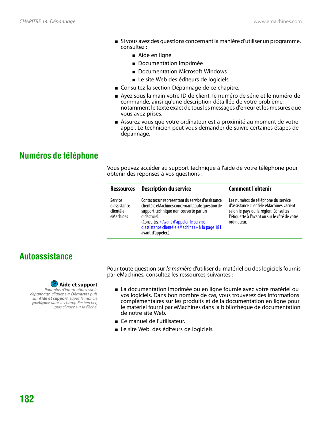 eMachines H3120 manual 182, Numéros de téléphone, Autoassistance, Ressources Description du service 