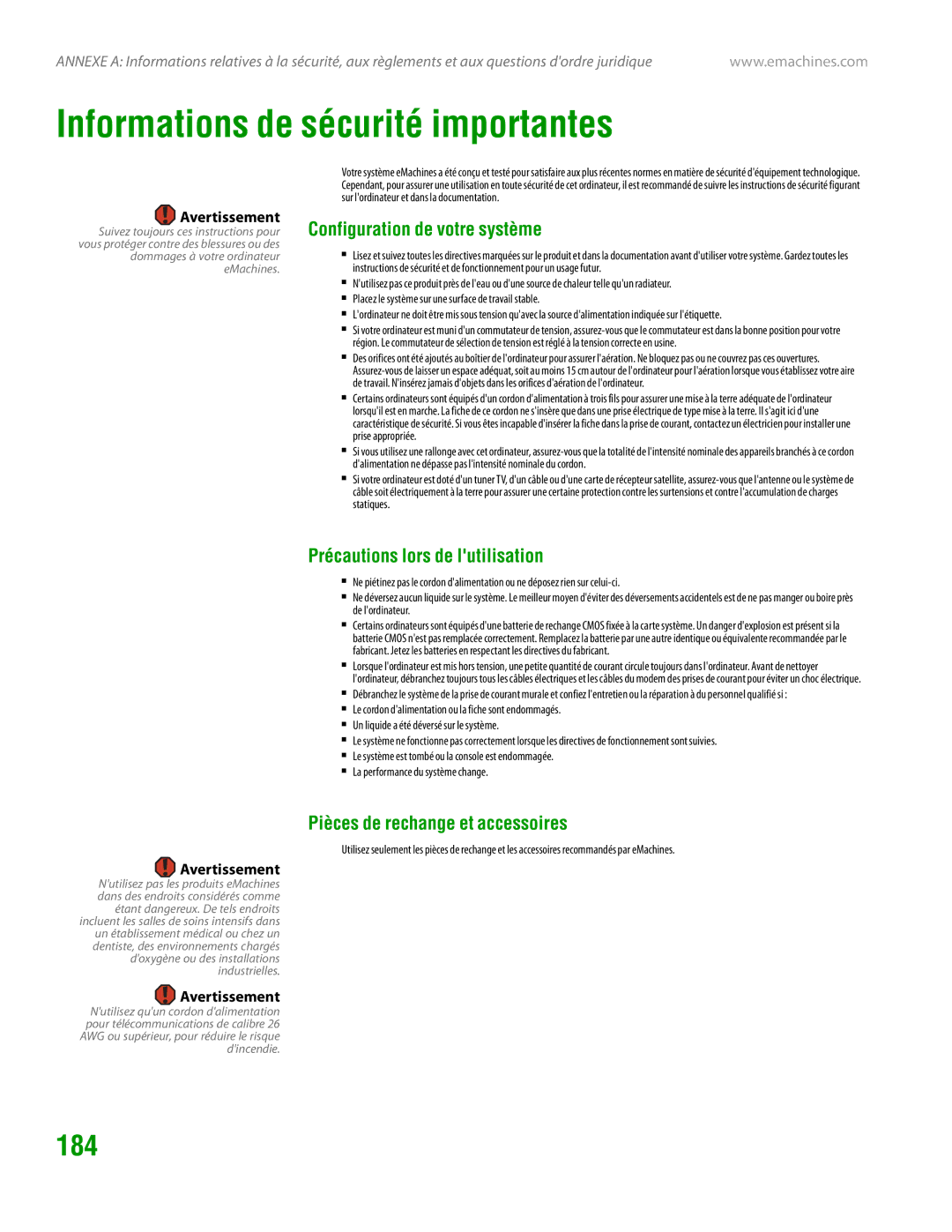 eMachines H3120 manual Informations de sécurité importantes, 184, Configuration de votre système 