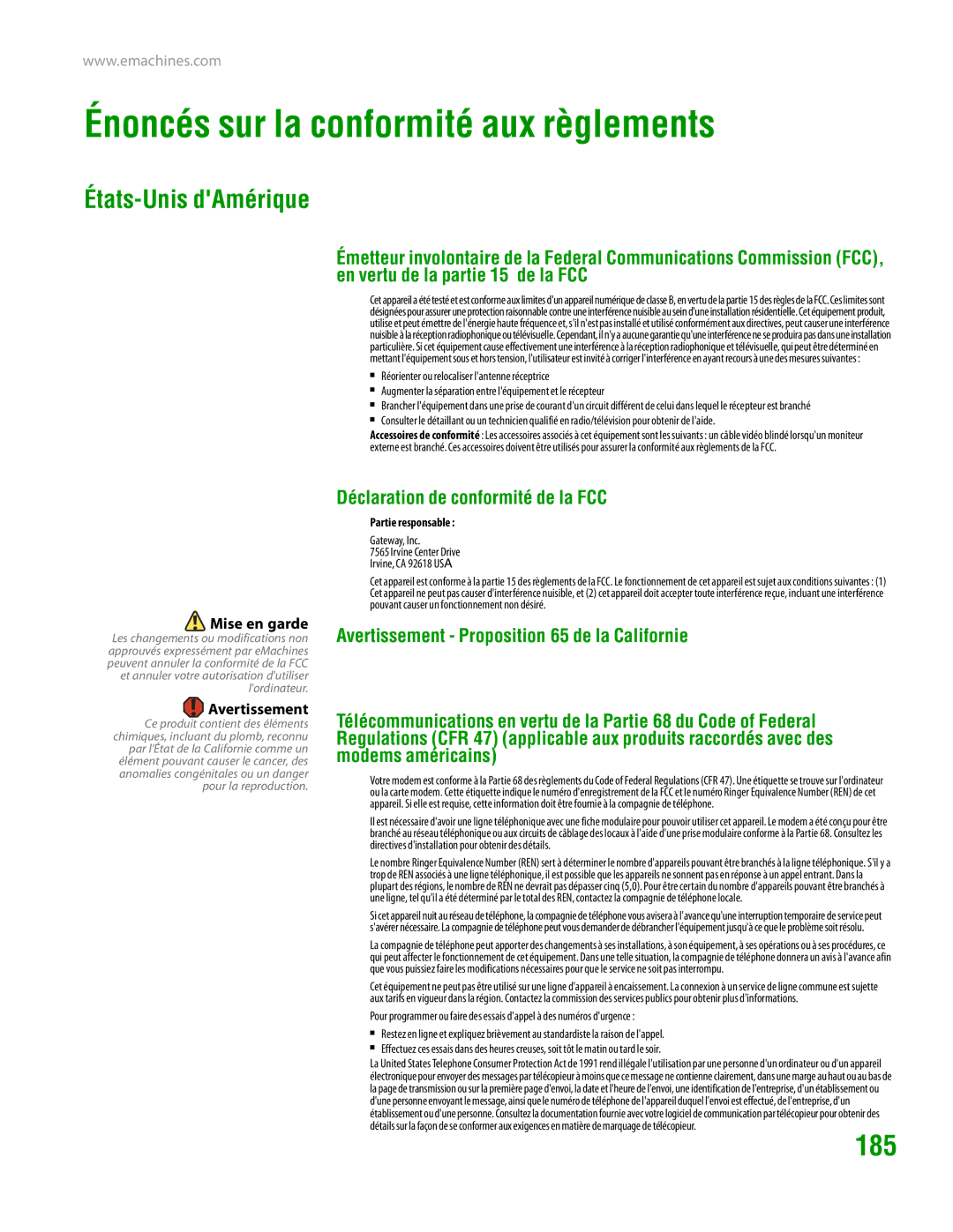 eMachines H3120 Énoncés sur la conformité aux règlements, 185, États-Unis dAmérique, Déclaration de conformité de la FCC 