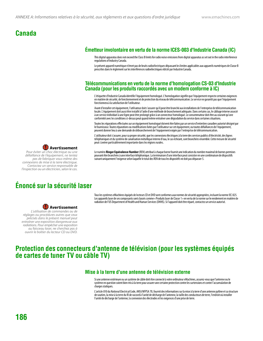 eMachines H3120 manual 186, Canada, Énoncé sur la sécurité laser, Mise à la terre dune antenne de télévision externe 