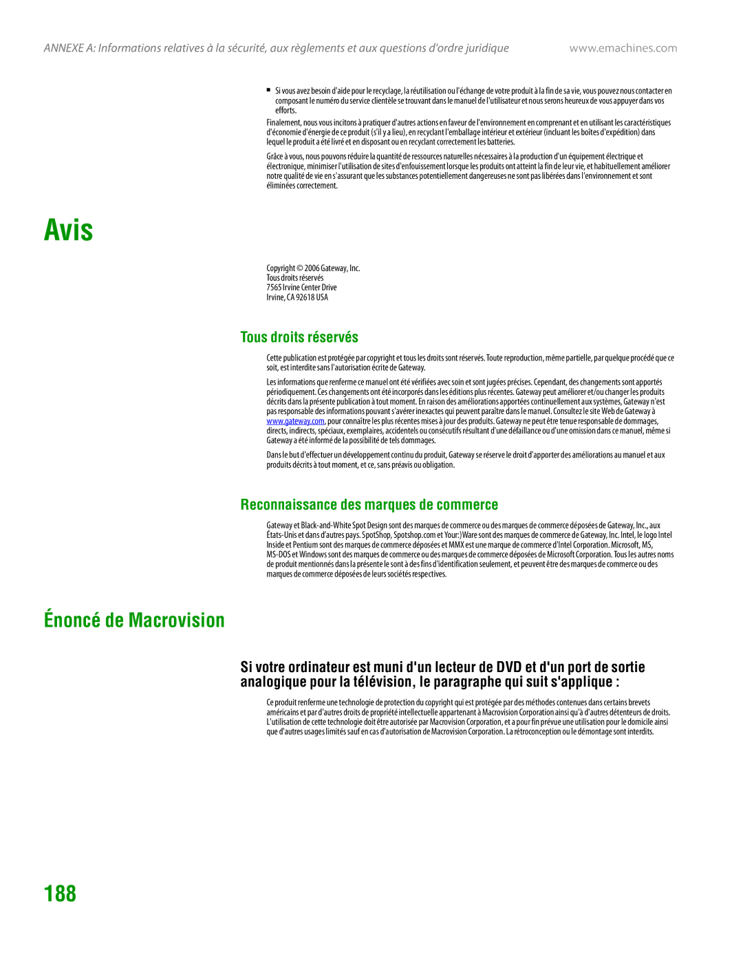 eMachines H3120 manual Avis, 188, Énoncé de Macrovision, Tous droits réservés, Reconnaissance des marques de commerce 