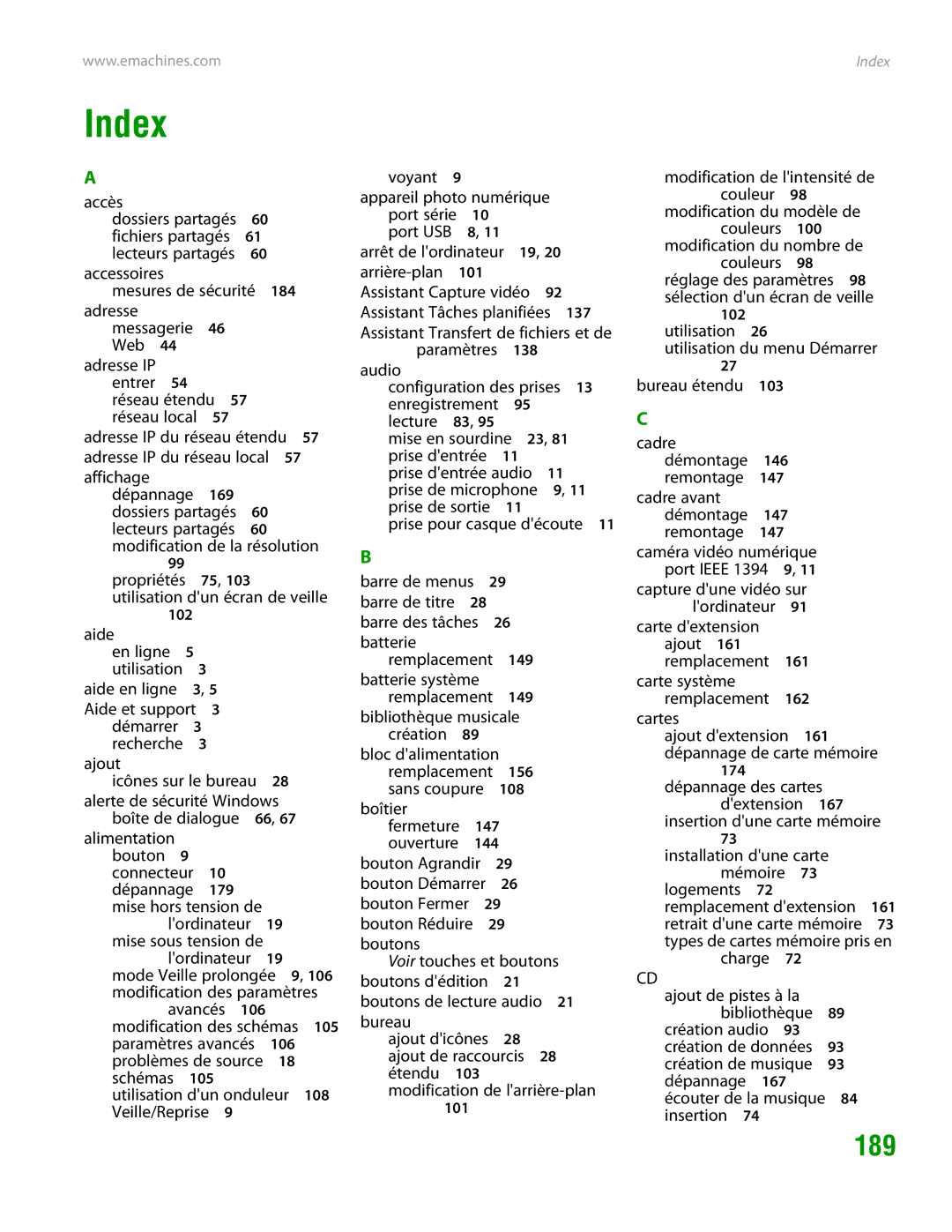 eMachines H3120 manual Index, 189 