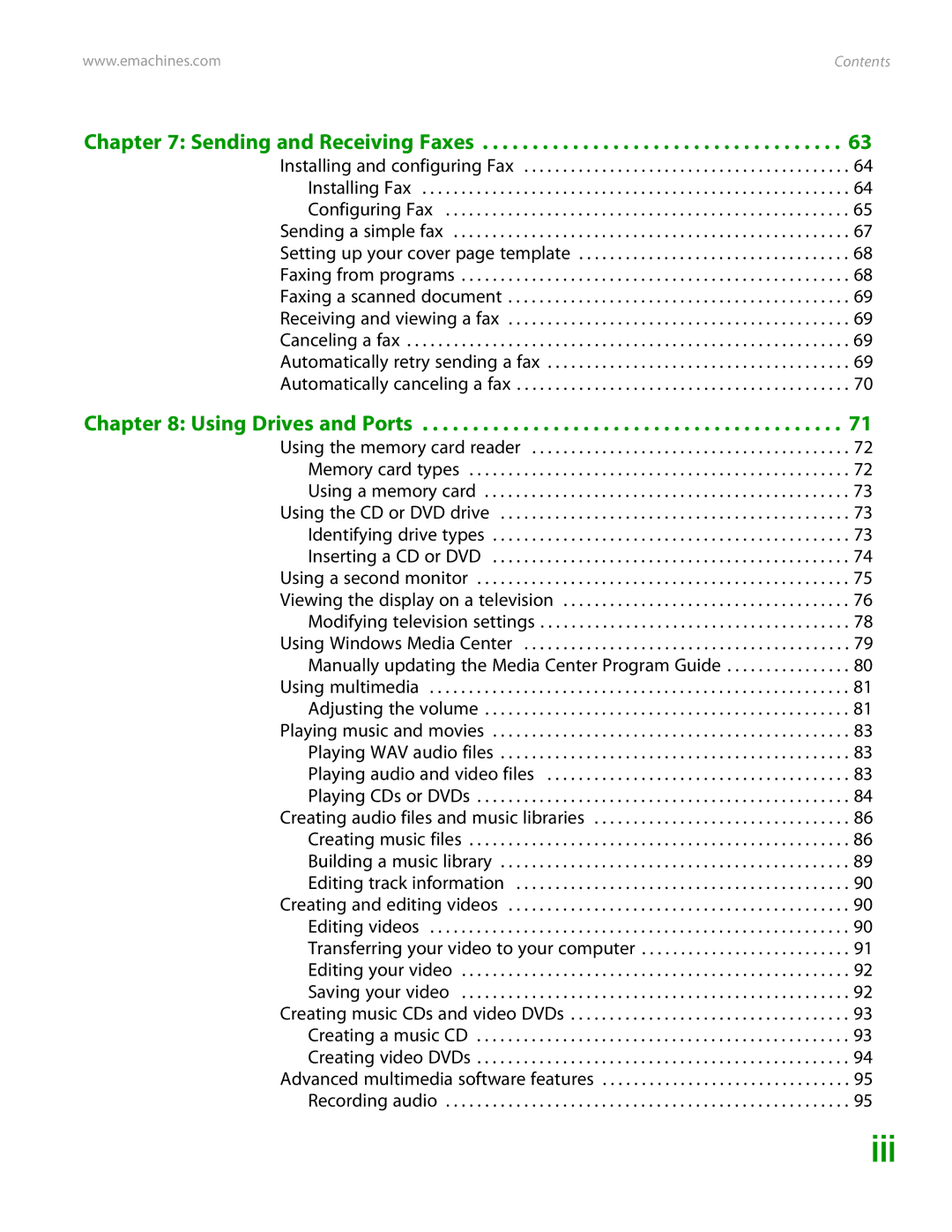 eMachines H3120 manual Iii, Sending and Receiving Faxes 