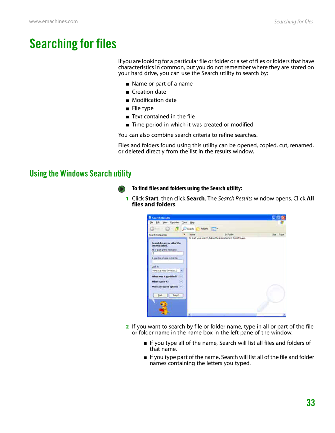 eMachines H3120 Searching for files, Using the Windows Search utility, To find files and folders using the Search utility 