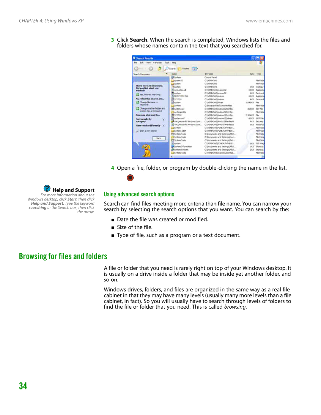 eMachines H3120 manual Browsing for files and folders, Using advanced search options 