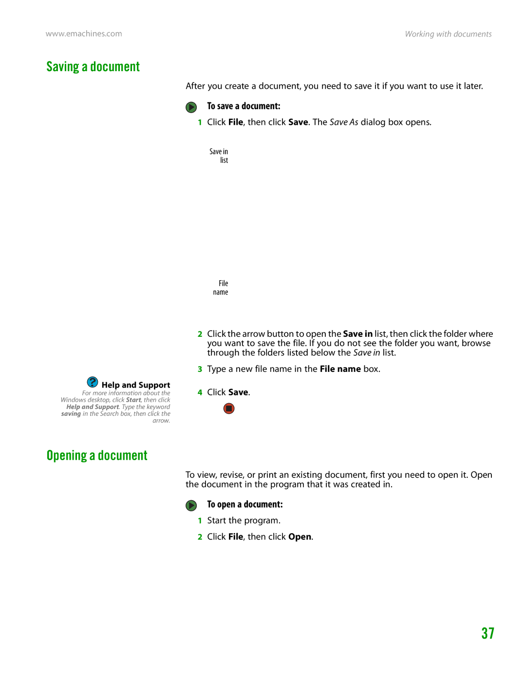 eMachines H3120 manual Saving a document, Opening a document, To save a document, To open a document 