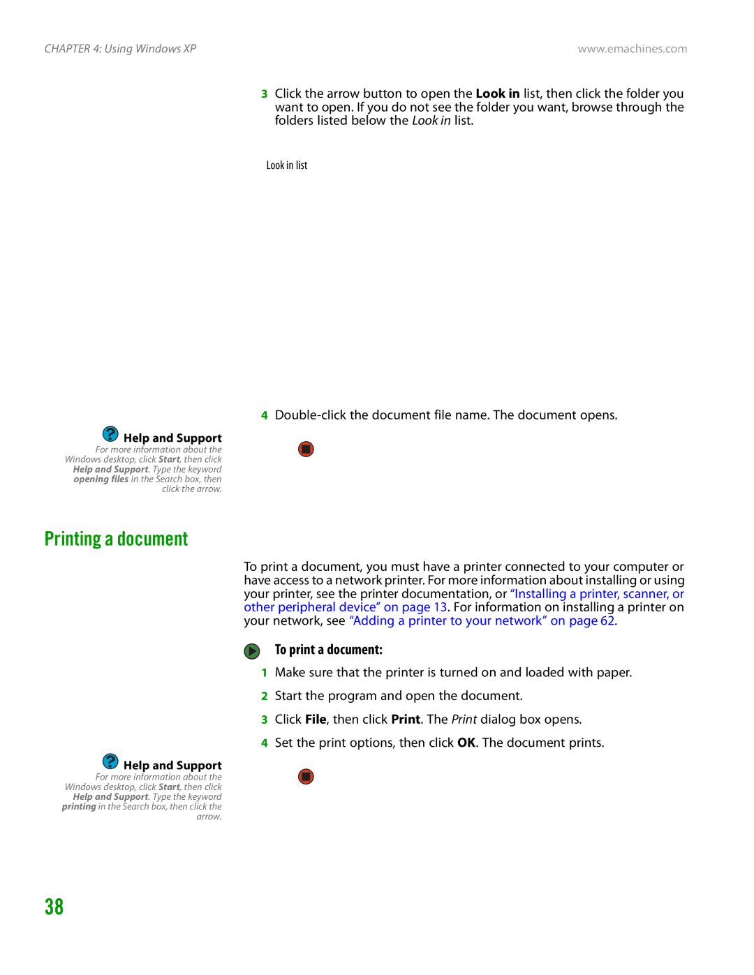 eMachines H3120 manual Printing a document, To print a document, Double-click the document file name. The document opens 