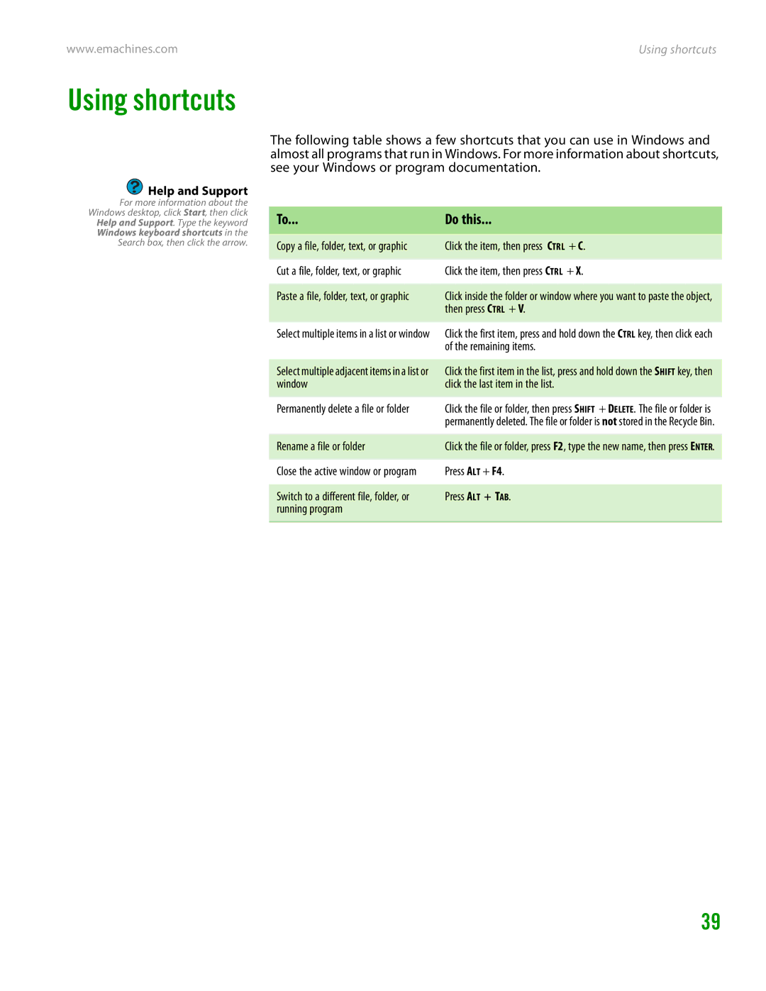 eMachines H3120 manual Using shortcuts 