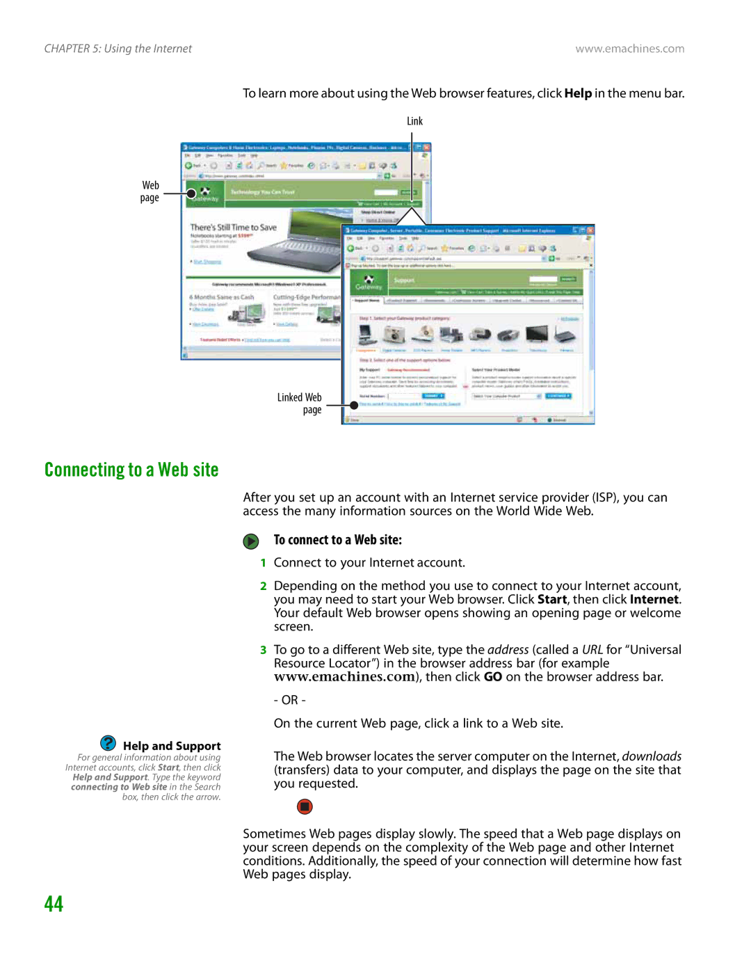 eMachines H3120 manual Connecting to a Web site, To connect to a Web site, Link 