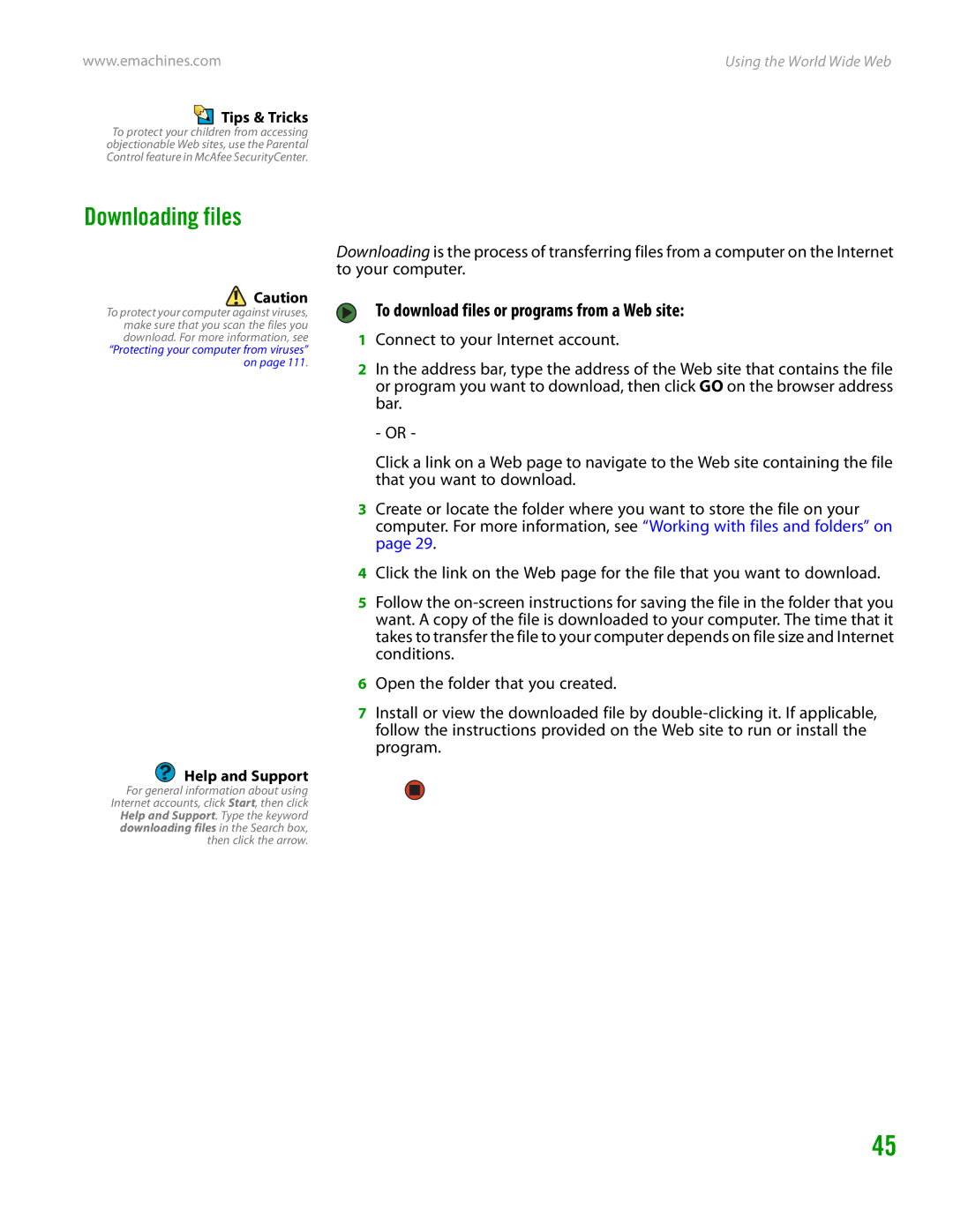 eMachines H3120 manual Downloading files, To download files or programs from a Web site 