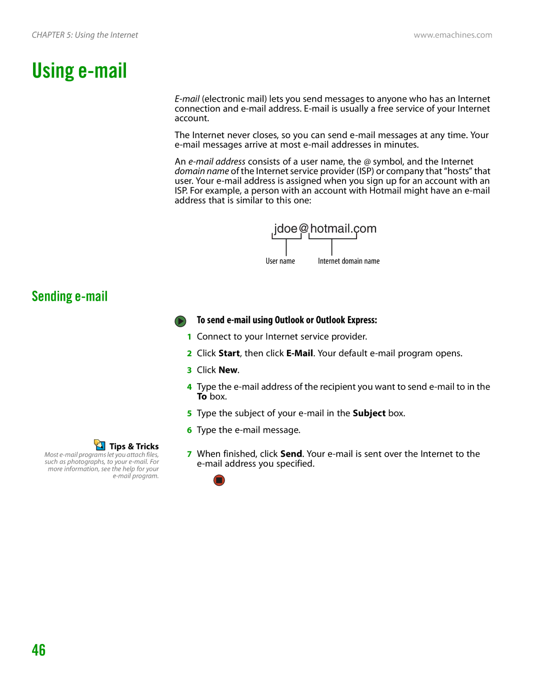 eMachines H3120 manual Using e-mail, Sending e-mail, To send e-mail using Outlook or Outlook Express, User name 