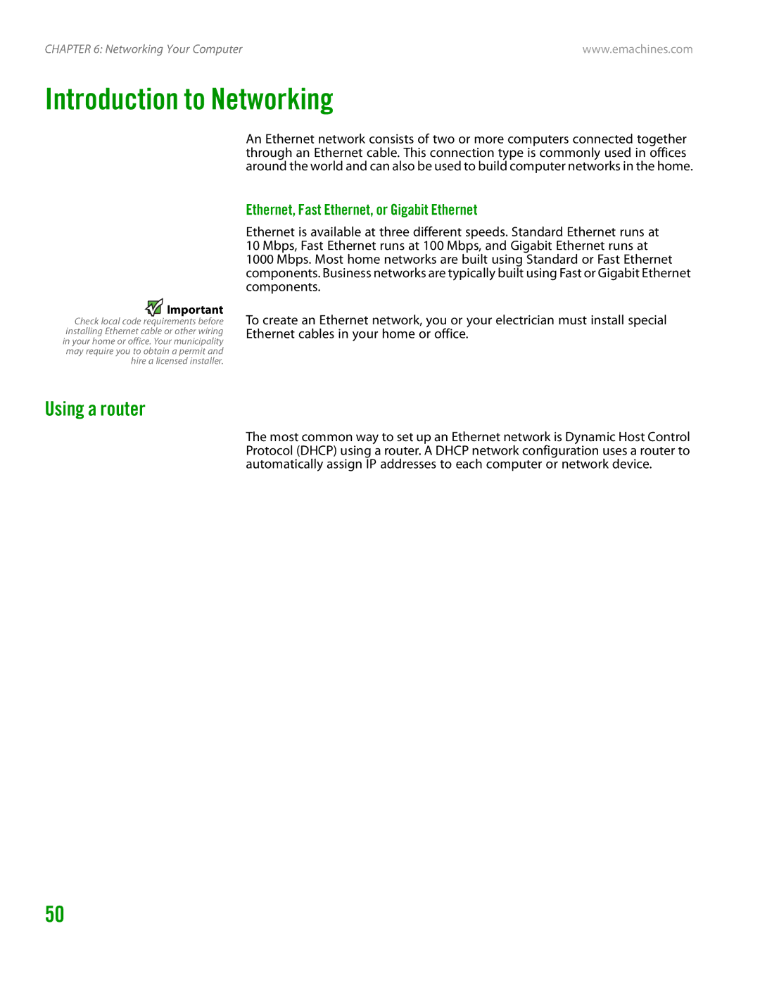 eMachines H3120 manual Introduction to Networking, Using a router, Ethernet, Fast Ethernet, or Gigabit Ethernet 