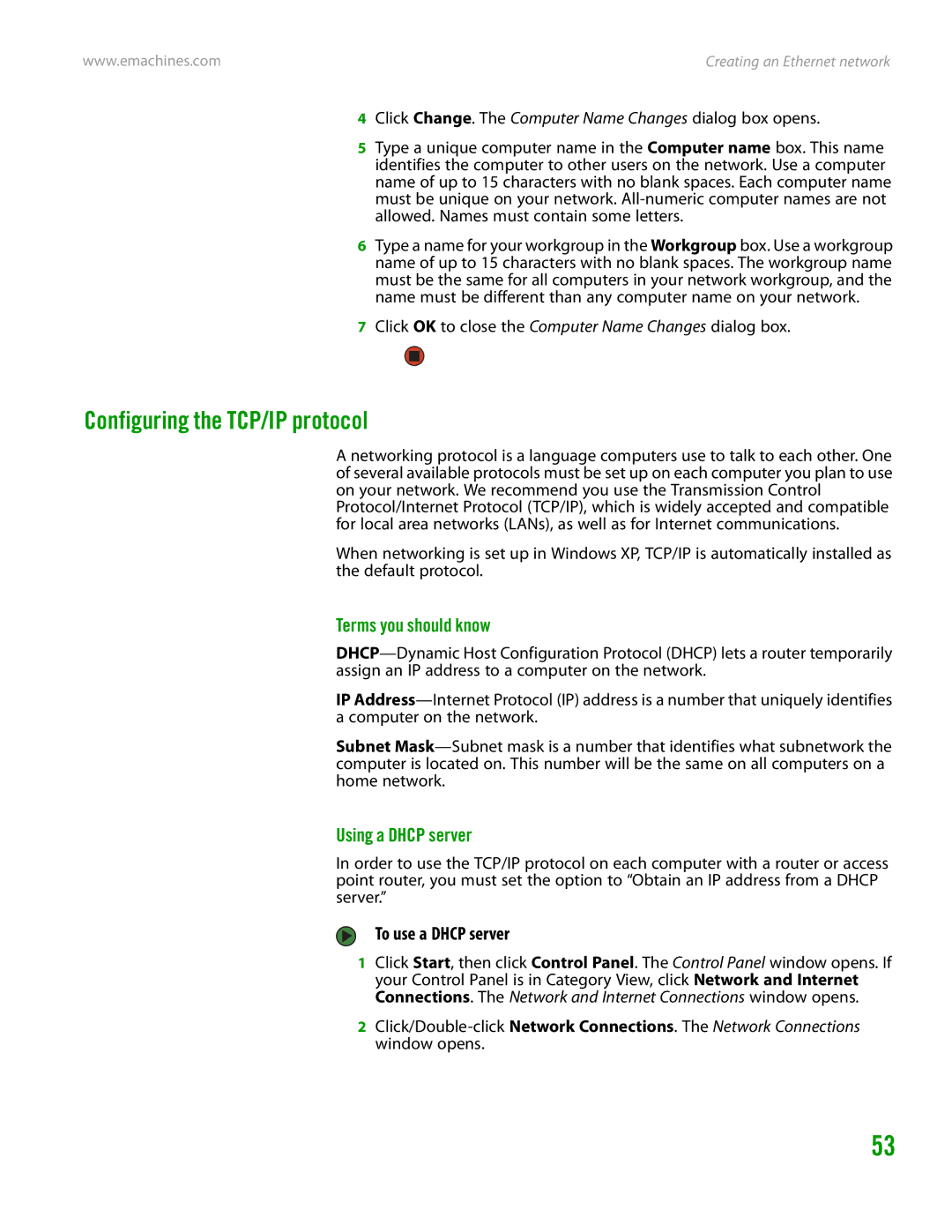 eMachines H3120 manual Configuring the TCP/IP protocol, Terms you should know, Using a Dhcp server, To use a Dhcp server 