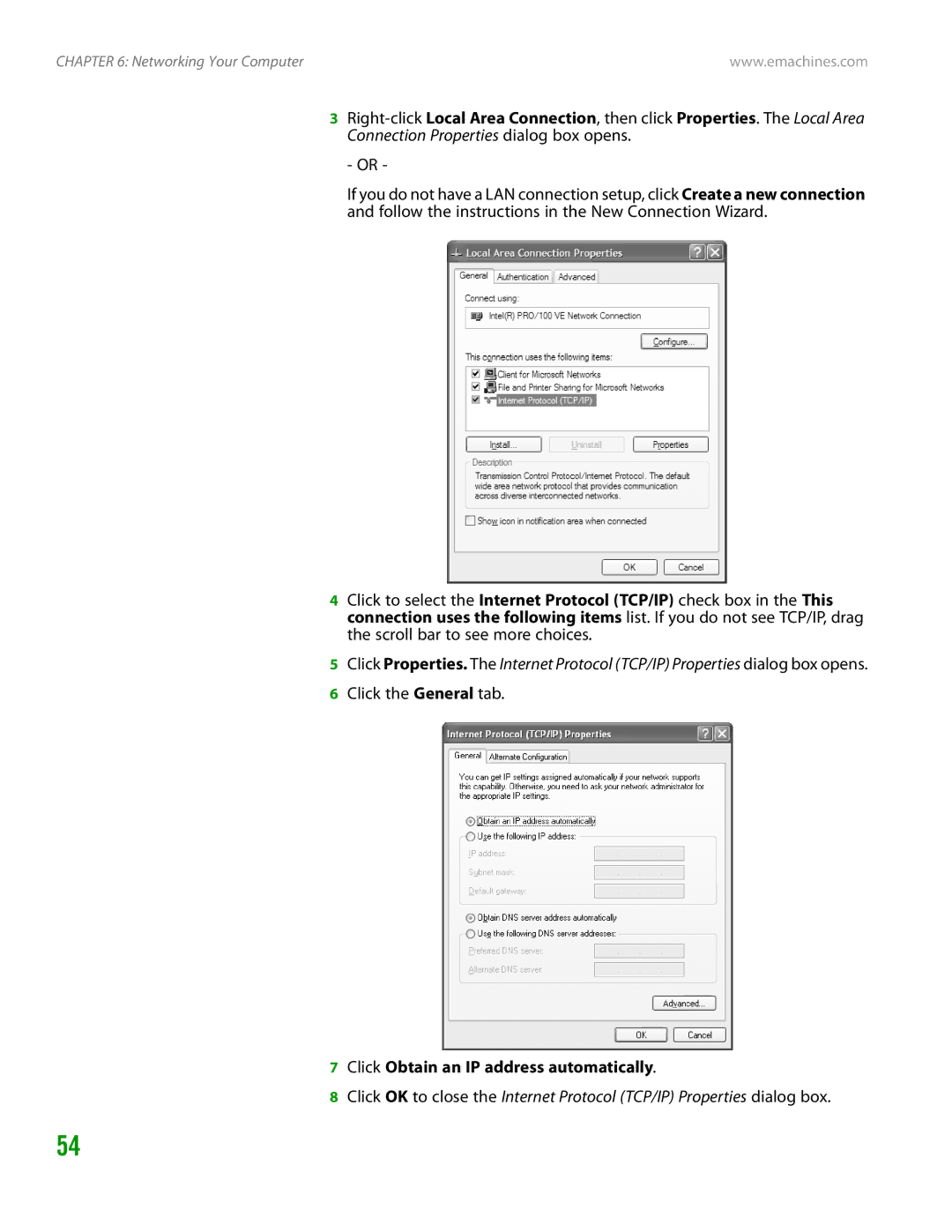 eMachines H3120 manual Click the General tab, Click Obtain an IP address automatically 