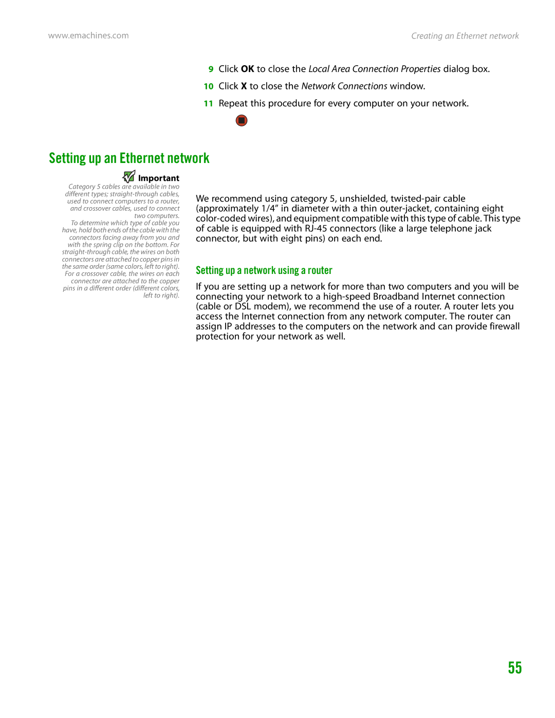 eMachines H3120 manual Setting up an Ethernet network, Setting up a network using a router 