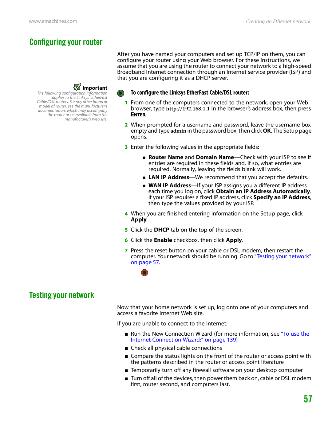 eMachines H3120 manual Configuring your router, Testing your network, To configure the Linksys EtherFast Cable/DSL router 