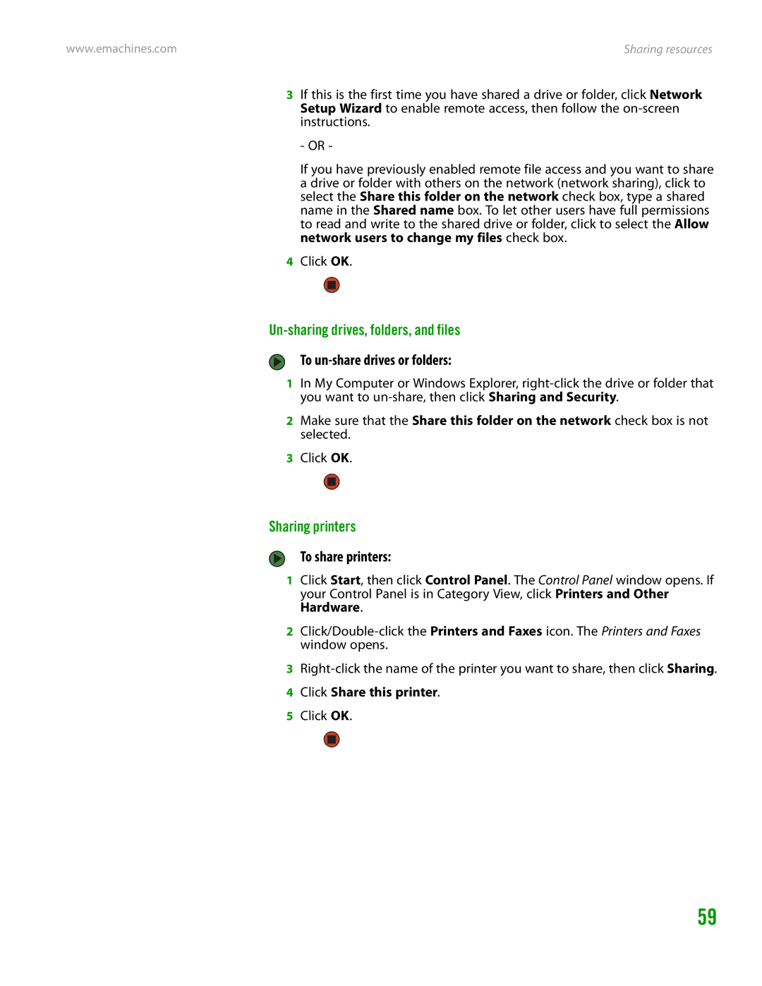 eMachines H3120 Un-sharing drives, folders, and files, To un-share drives or folders, Sharing printers, To share printers 