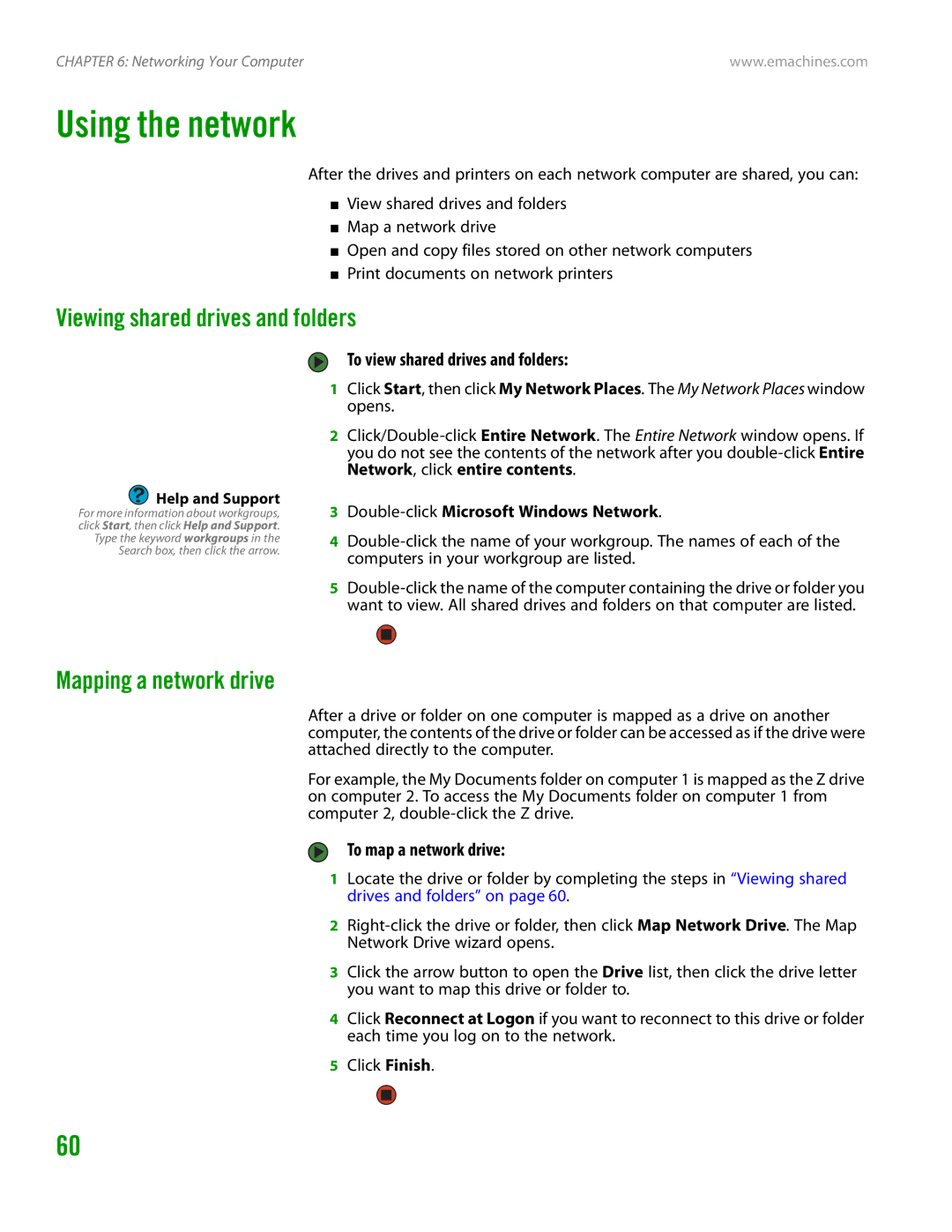 eMachines H3120 Using the network, Viewing shared drives and folders, Mapping a network drive, To map a network drive 