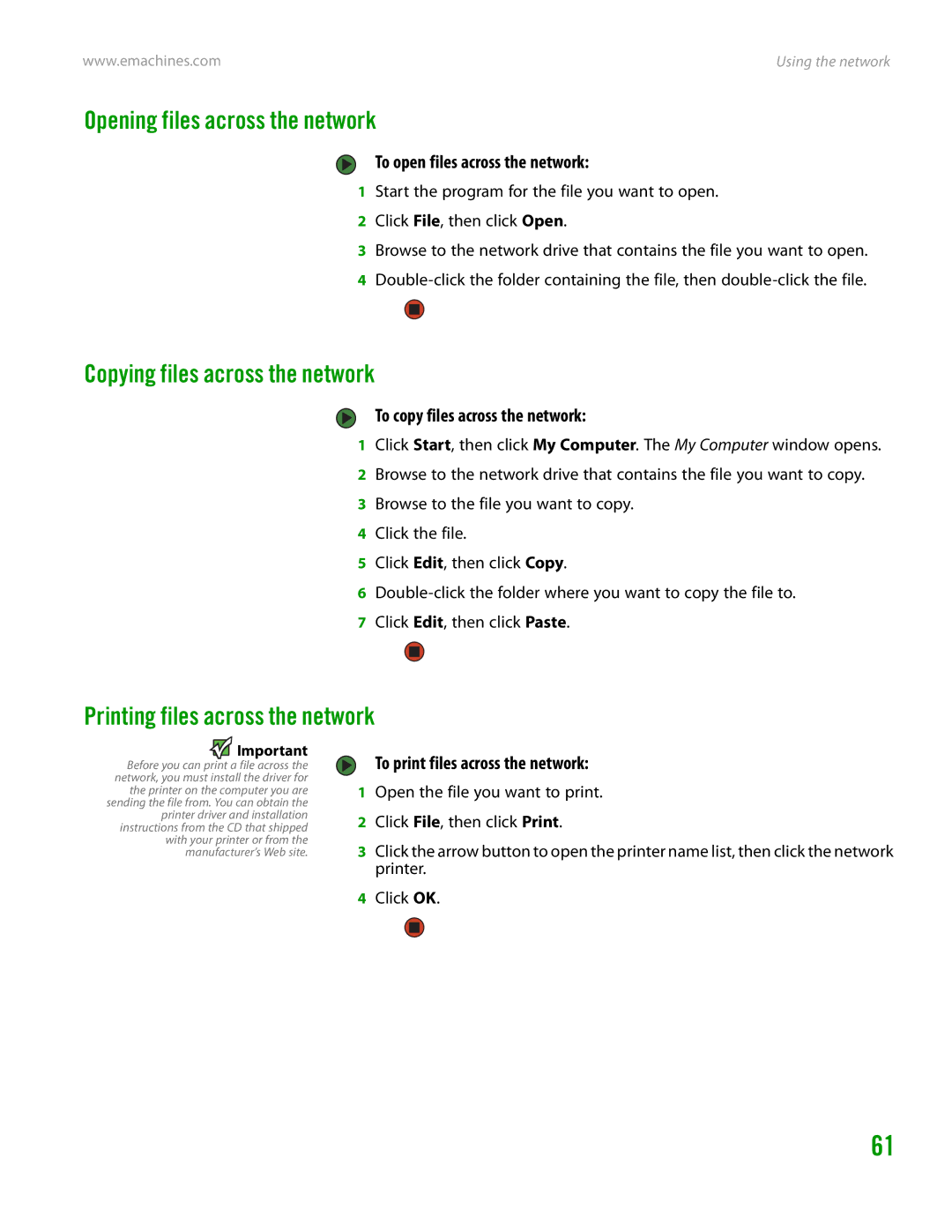 eMachines H3120 Opening files across the network, Copying files across the network, Printing files across the network 