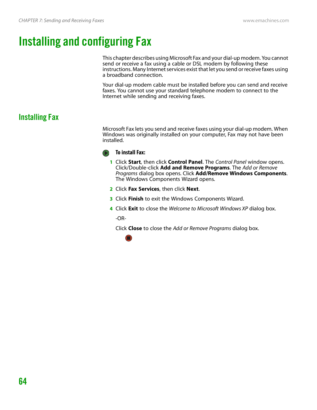 eMachines H3120 manual Installing and configuring Fax, Installing Fax, To install Fax 