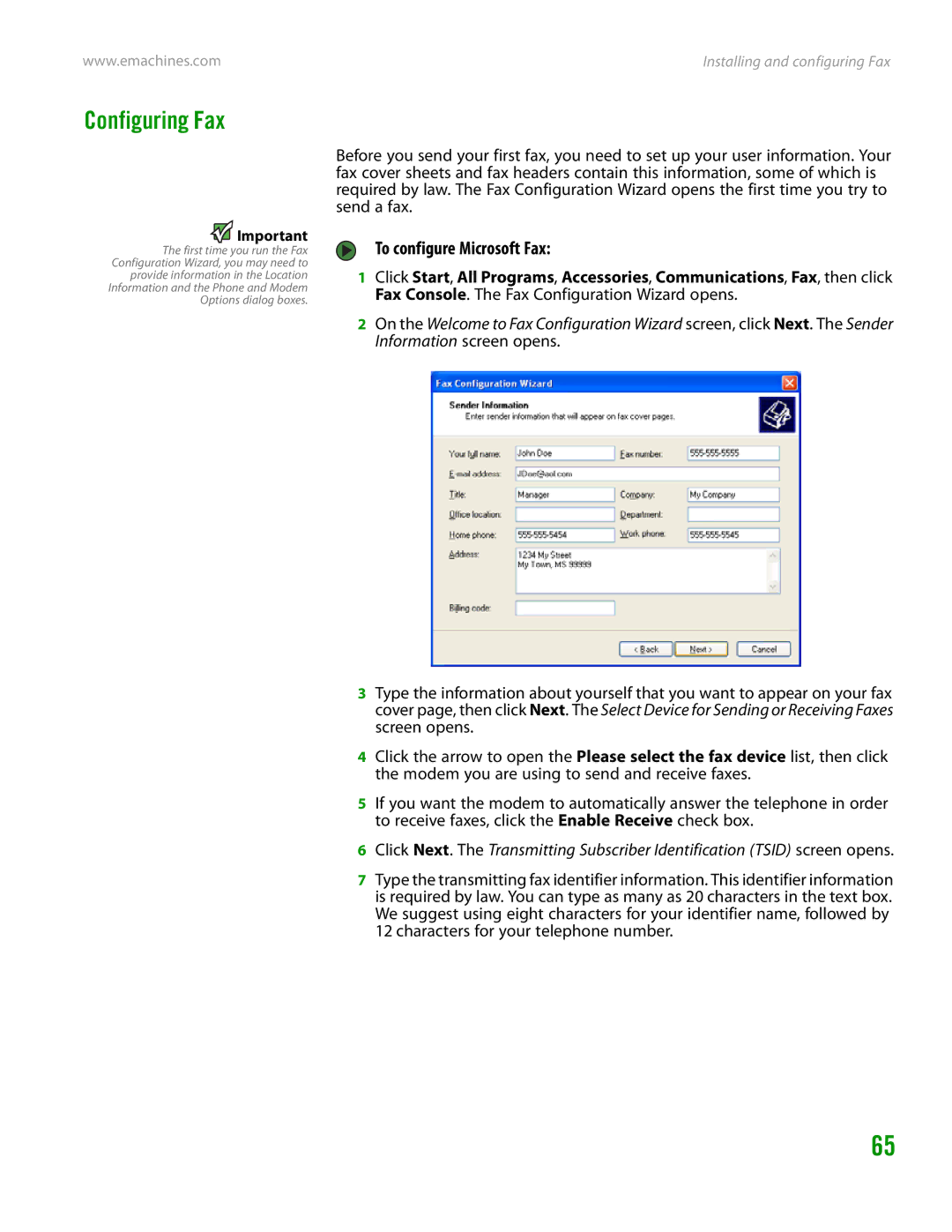 eMachines H3120 manual Configuring Fax, To configure Microsoft Fax 