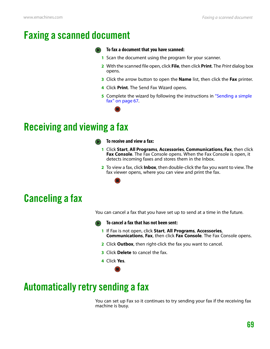 eMachines H3120 Faxing a scanned document, Receiving and viewing a fax, Canceling a fax, Automatically retry sending a fax 