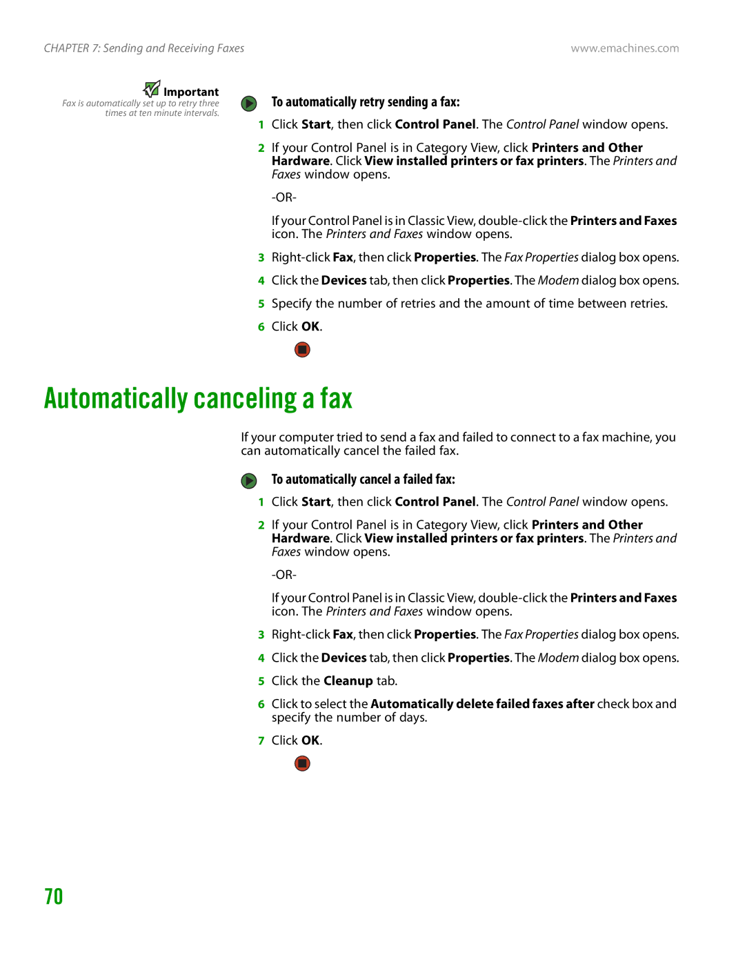 eMachines H3120 Automatically canceling a fax, To automatically retry sending a fax, To automatically cancel a failed fax 