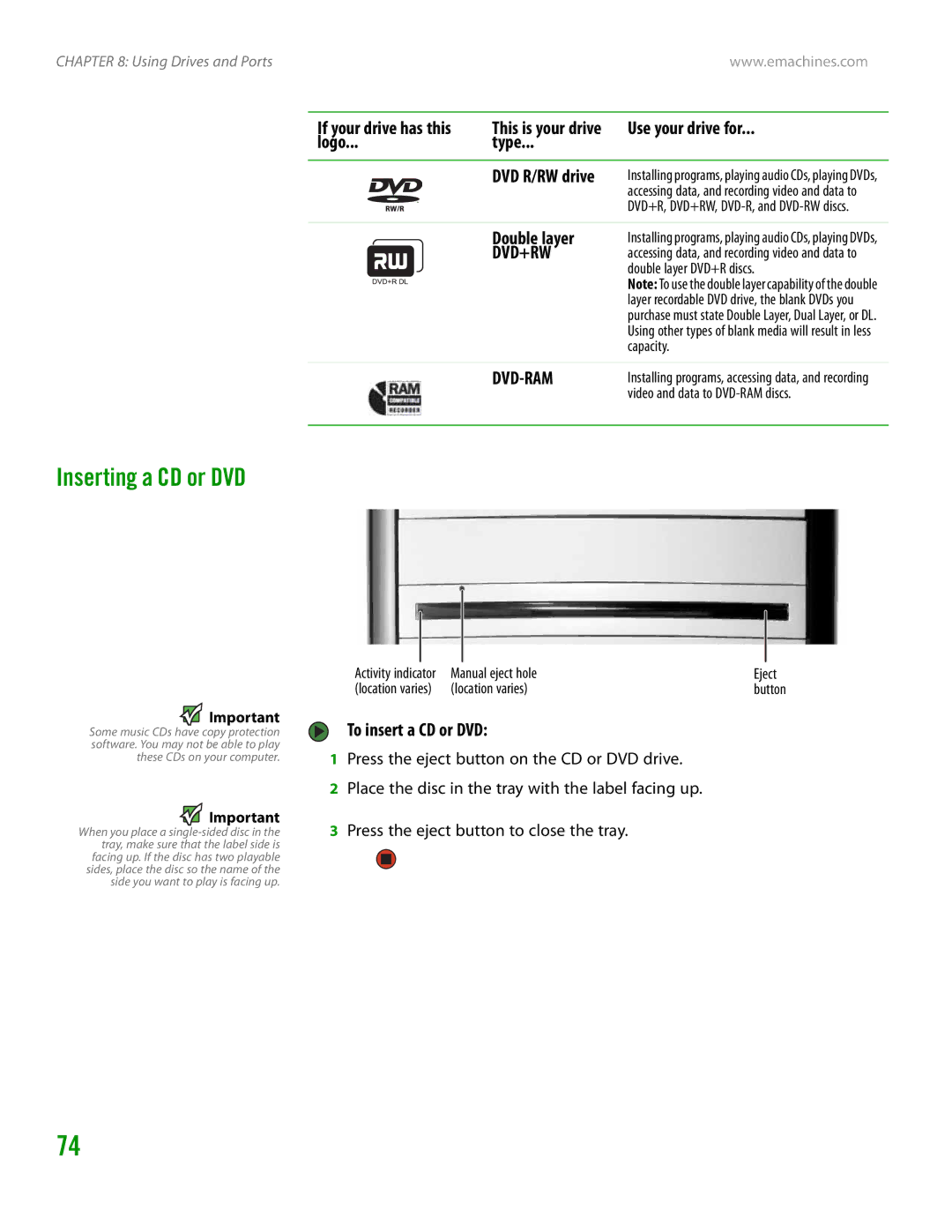 eMachines H3120 manual Inserting a CD or DVD, Logo Type, Double layer, To insert a CD or DVD, DVD R/RW drive 