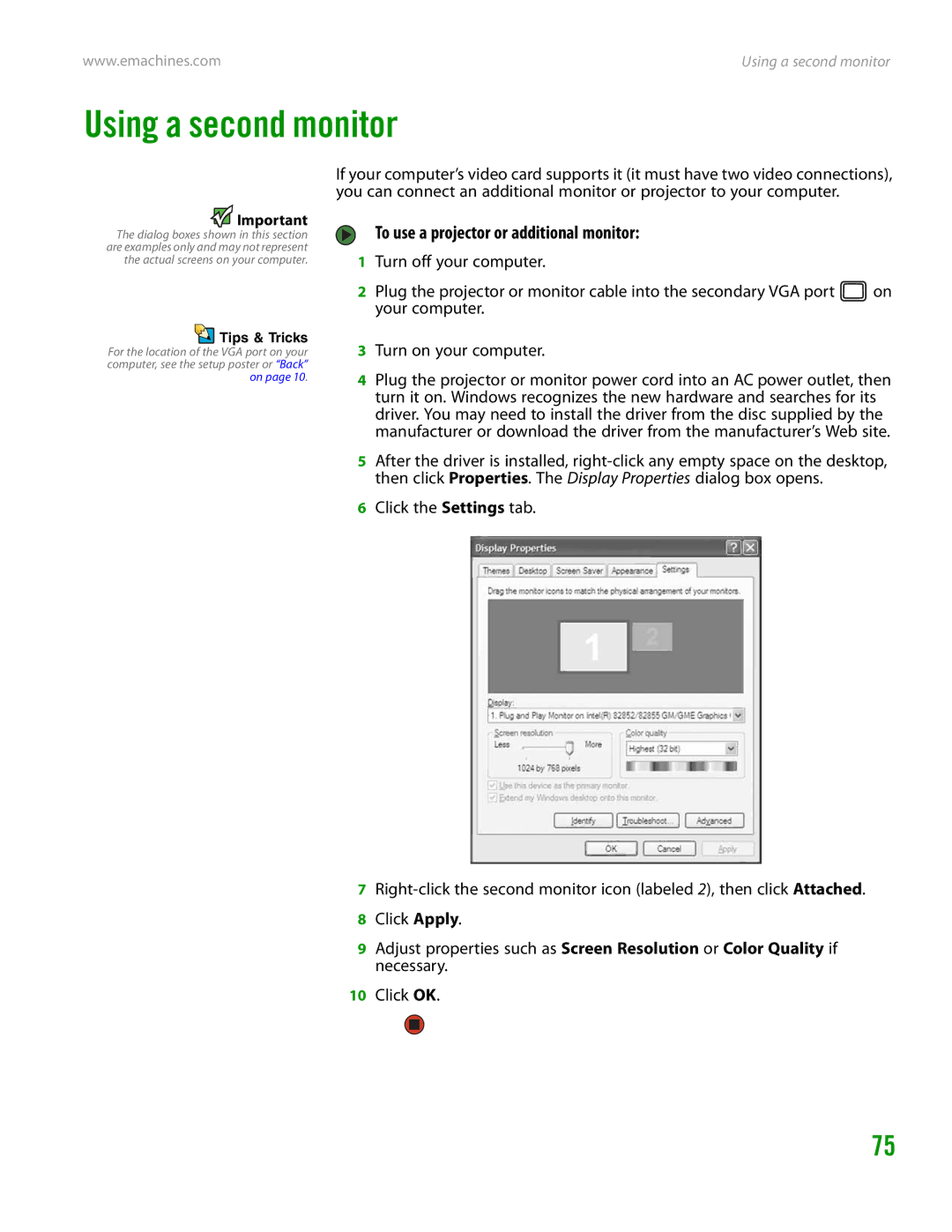 eMachines H3120 manual Using a second monitor, To use a projector or additional monitor 