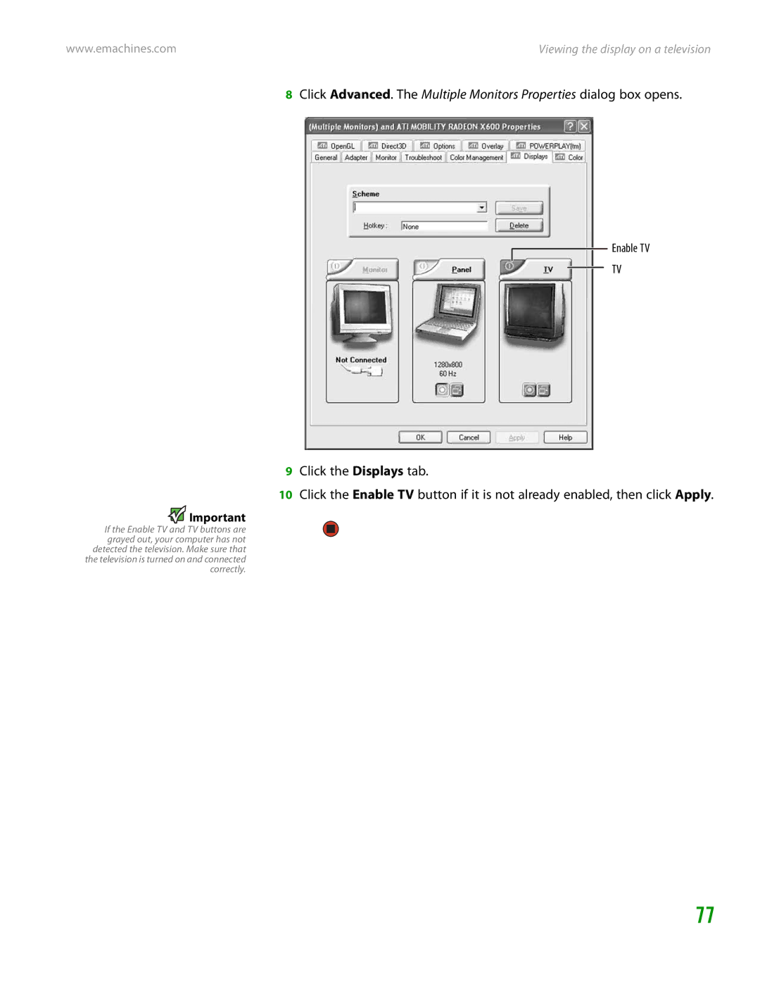 eMachines H3120 manual Enable TV 