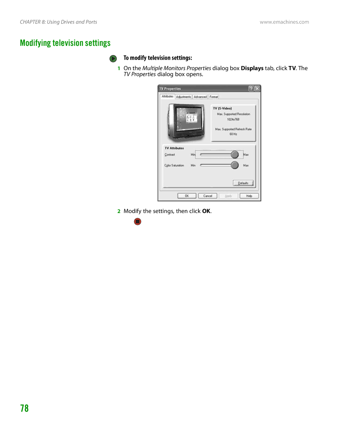 eMachines H3120 manual Modifying television settings, To modify television settings 