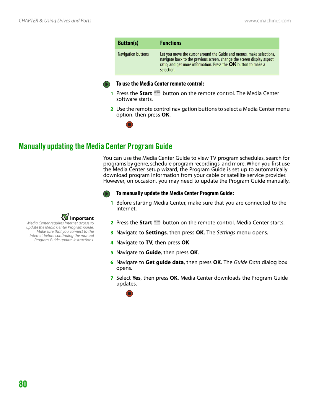 eMachines H3120 manual Manually updating the Media Center Program Guide, To use the Media Center remote control, Selection 