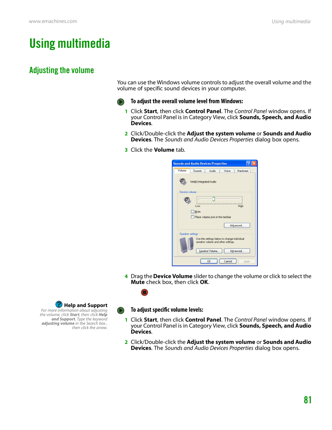 eMachines H3120 manual Using multimedia, Adjusting the volume, To adjust the overall volume level from Windows 