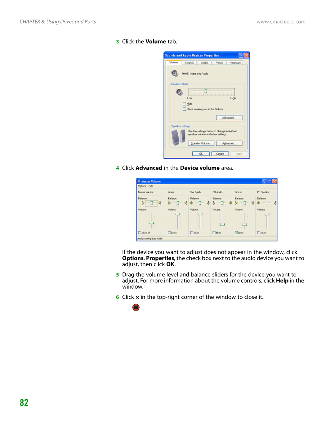 eMachines H3120 manual Click the Volume tab, Click Advanced in the Device volume area 