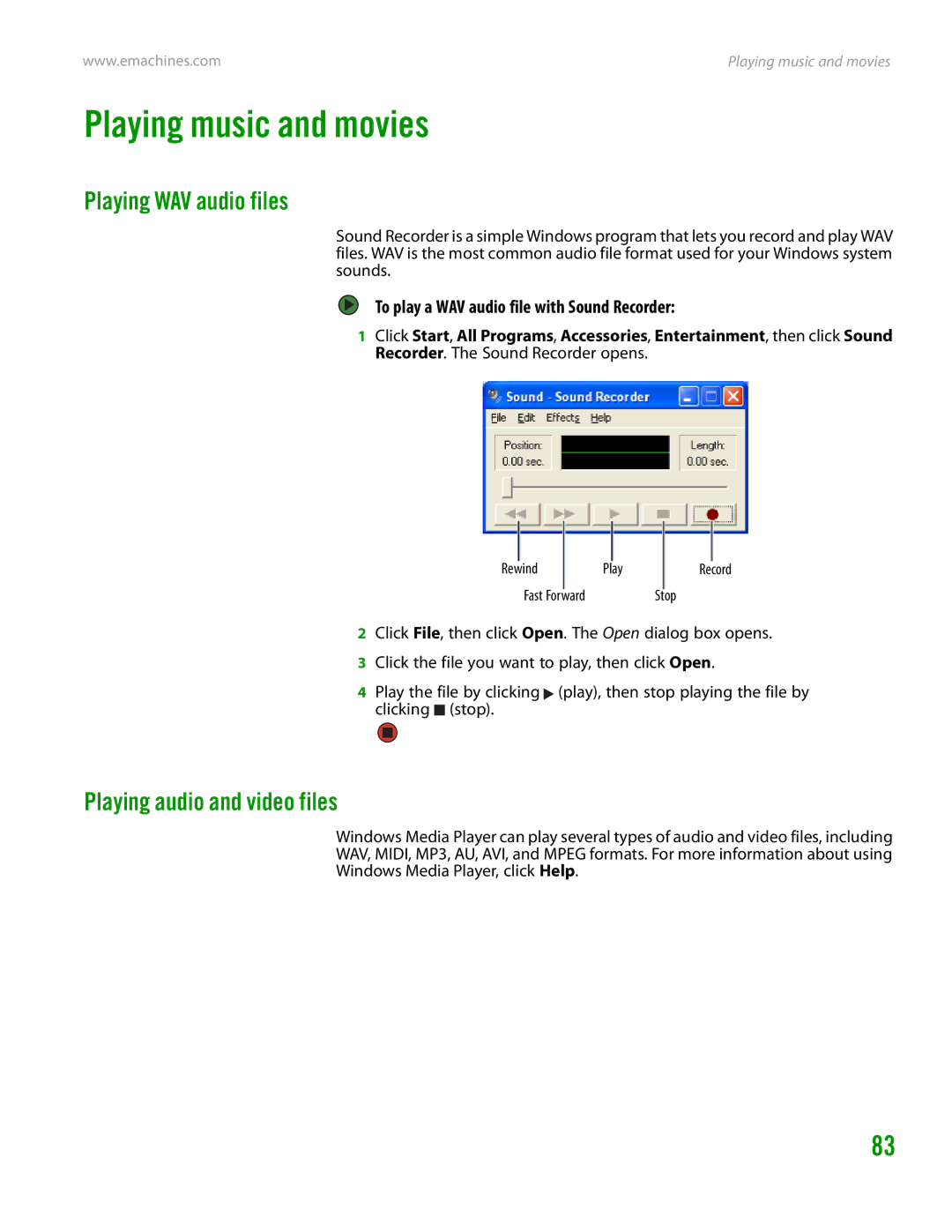 eMachines H3120 manual Playing music and movies, Playing WAV audio files, Playing audio and video files 