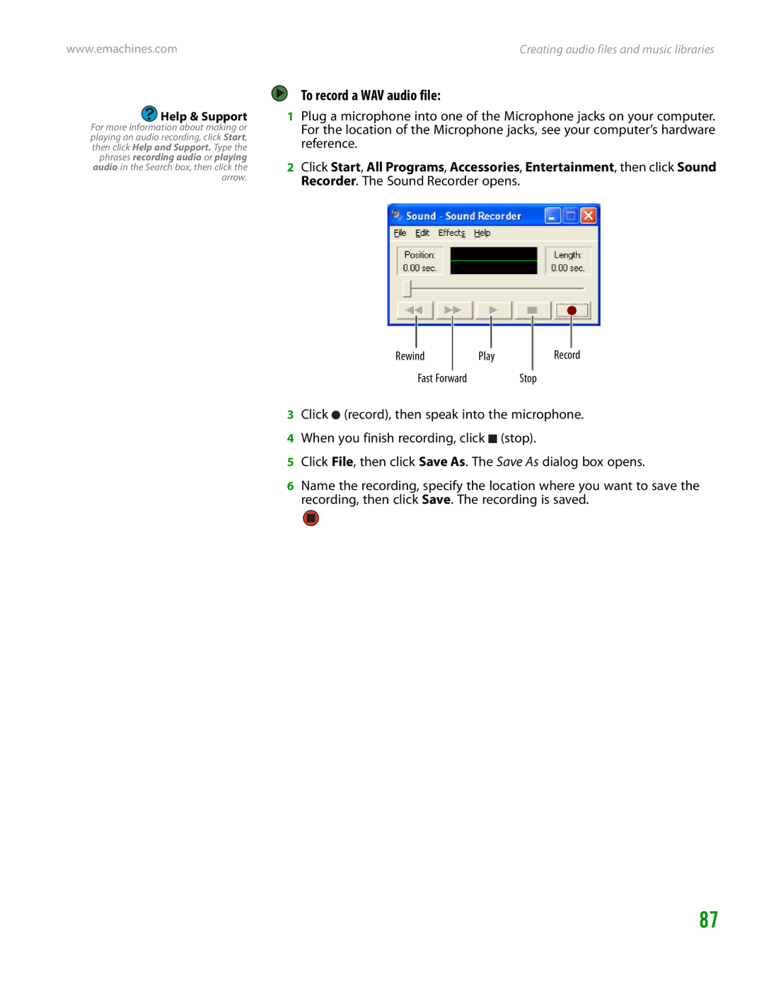 eMachines H3120 manual To record a WAV audio file, Rewind PlayRecord Fast Forward 