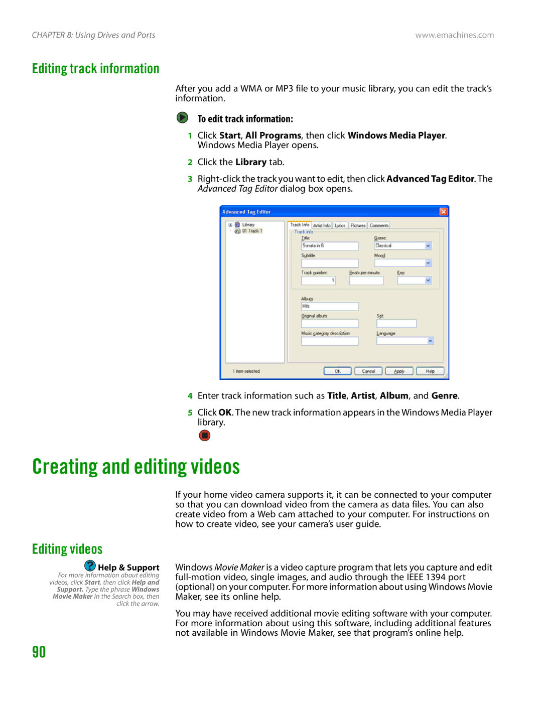 eMachines H3120 manual Creating and editing videos, Editing track information, Editing videos, To edit track information 