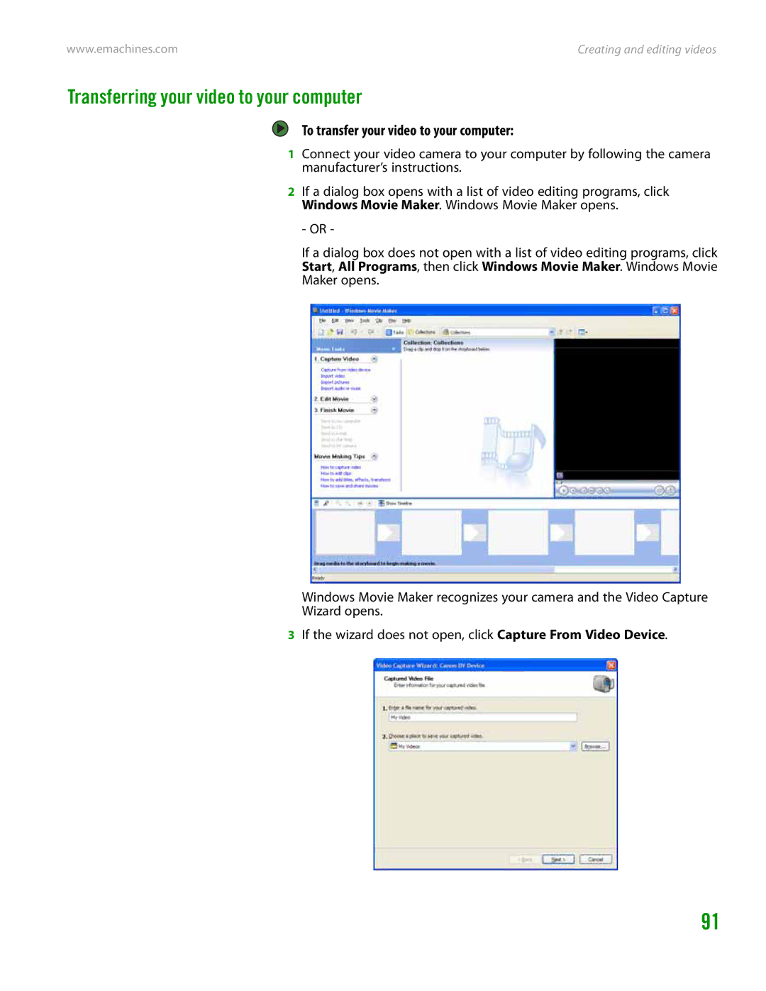 eMachines H3120 manual Transferring your video to your computer, To transfer your video to your computer 