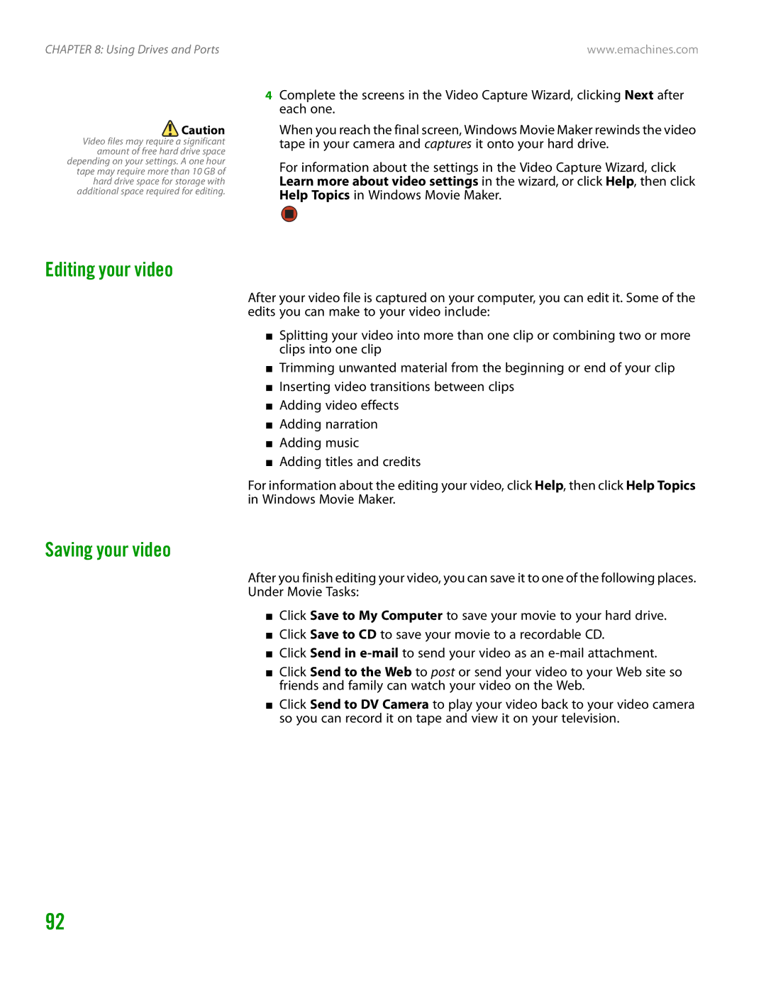 eMachines H3120 manual Editing your video, Saving your video 