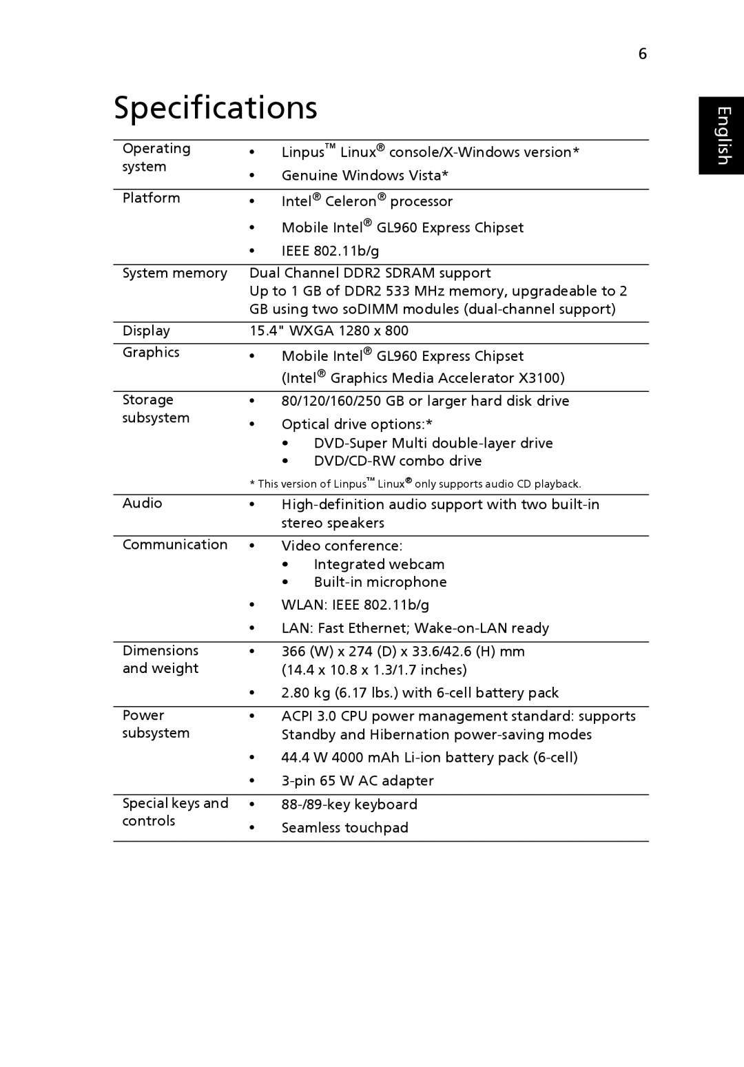 eMachines ICL50 manual Specifications 