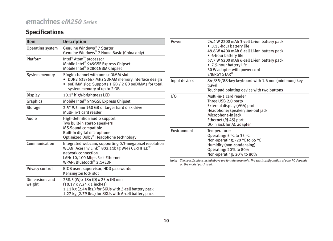 eMachines KAV60, eM250 series, 250 Series manual Specifications, Energy Star 