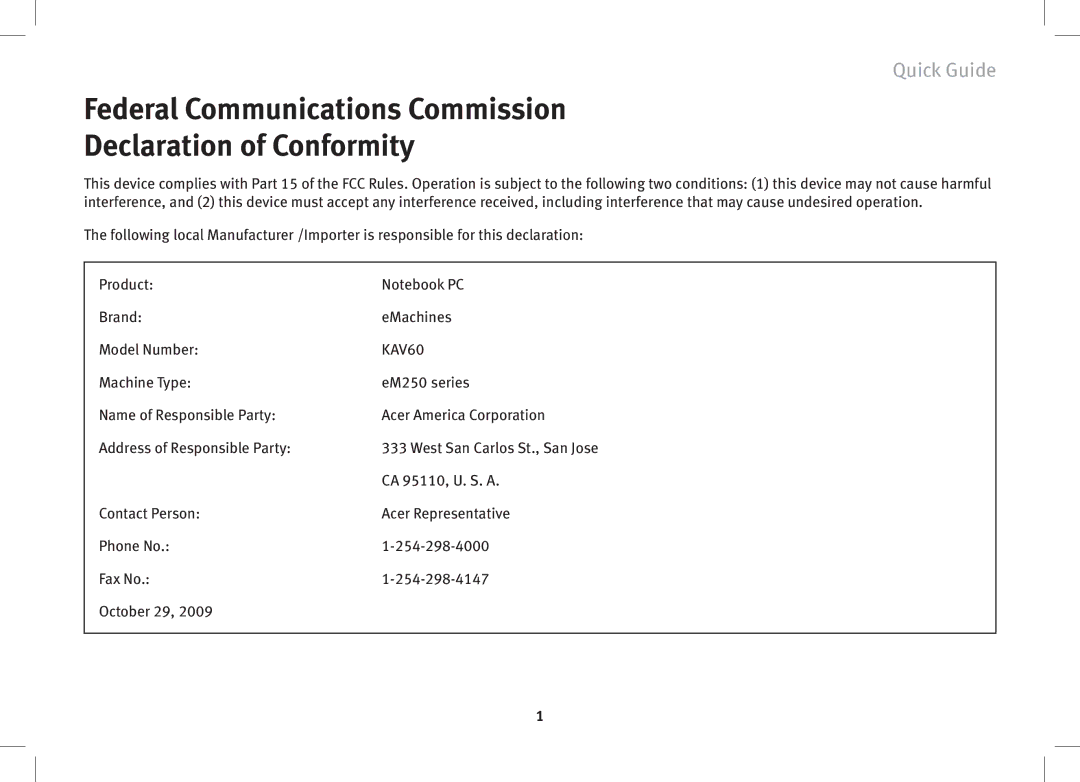 eMachines KAV60, eM250 series, 250 Series manual Federal Communications Commission Declaration of Conformity 